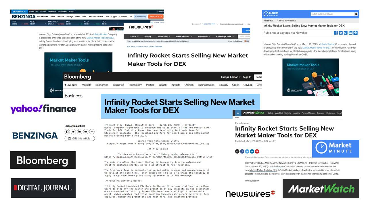 Bloomberg, Benzinga, Finance Yahoo, Digital Journal and some other media announced the new Infinity Rocket Market Maker Tools for DEX